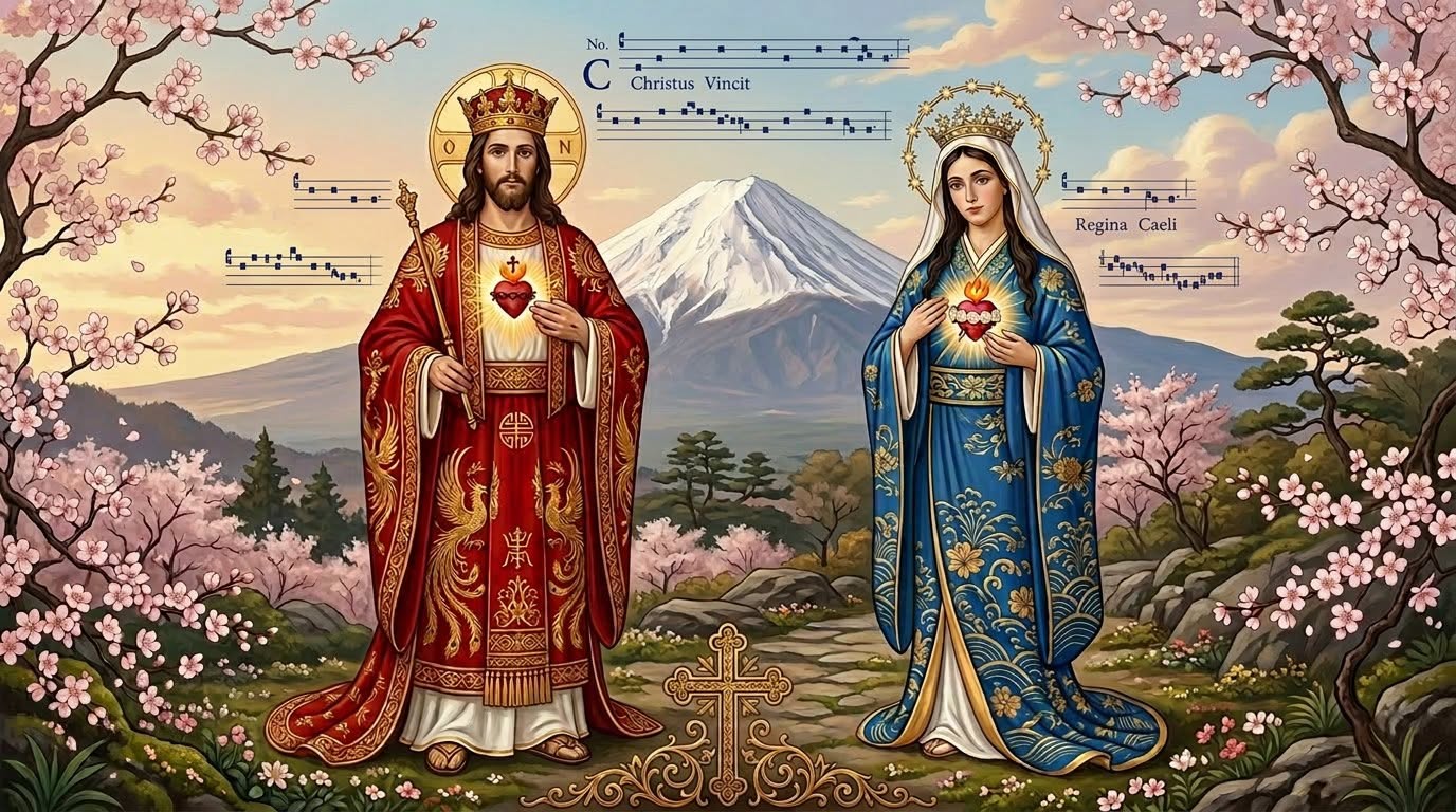 Christ the King and Immaculate Heart of Mary with radiant Sacred Hearts Gregorian (s)