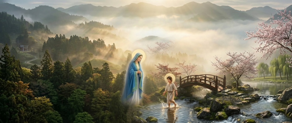 Our Blessed Mother Mary with young Jesus at a stream in Japan