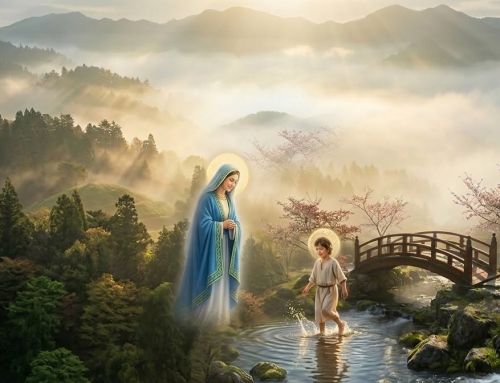 Our Blessed Mother Mary with Jesus at a stream in Japan